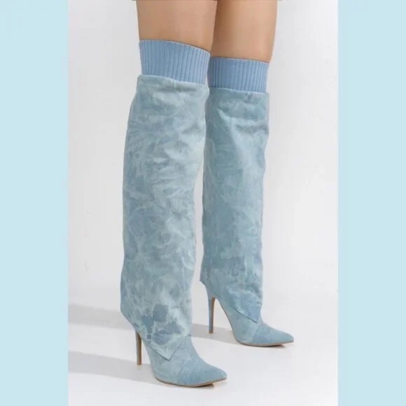 Cape Robbin Light Wash Denim 4 1/2 " Stiletto Heel Skirted OTK High Boot - Picture 3 of 6